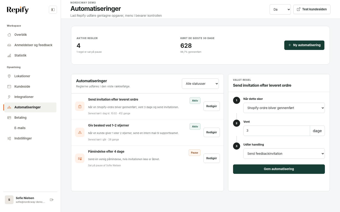 Automatiseringssiden med skabeloner, regelbygger og testområde