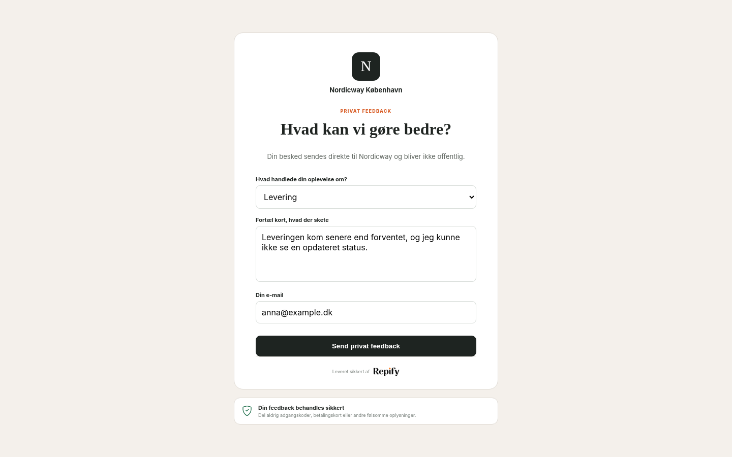 Repifys private feedbackformular med spørgsmål og kontaktfelter