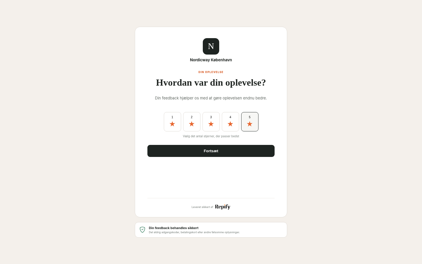 En kundeside i Repify, hvor kunden vælger en stjernevurdering