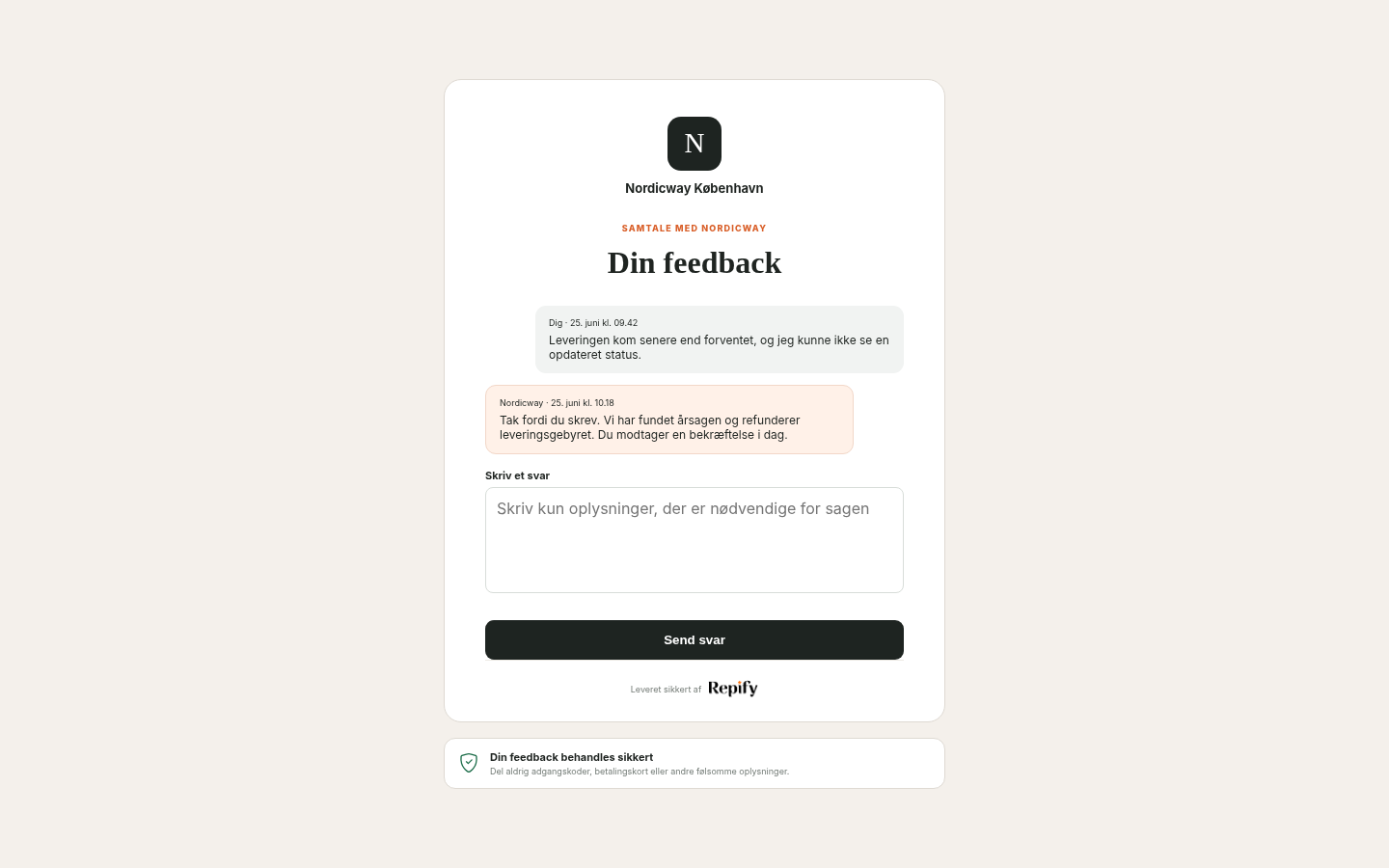 Den private kundedialog i Repify med virksomhedens svar og svarfelt