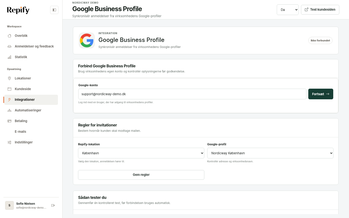 Google Business Profile-opsætningen i Repify med forbindelsesstatus og synkronisering