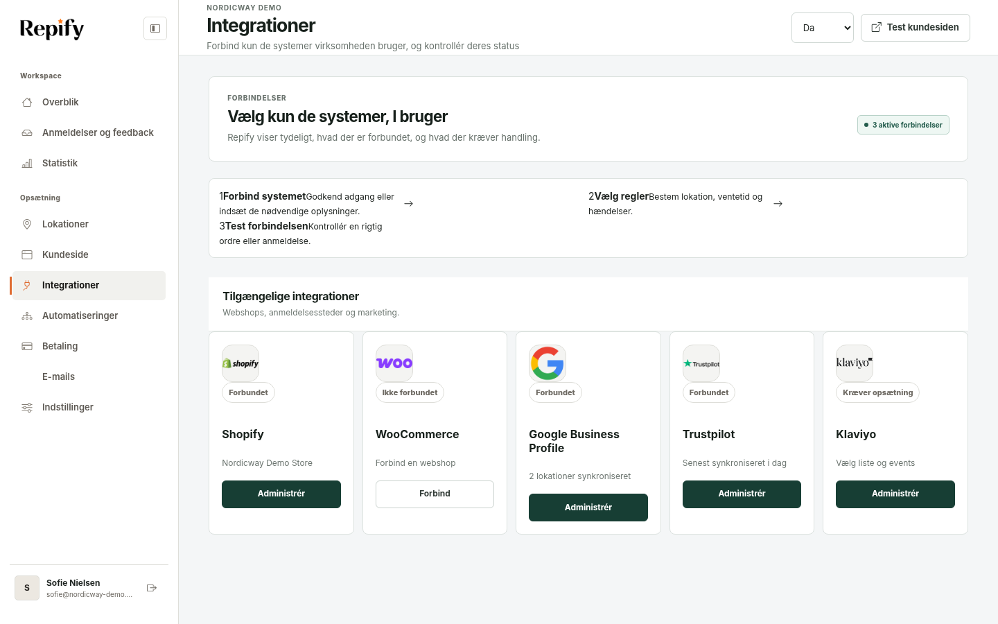 Integrationssiden med status på forbundne tjenester
