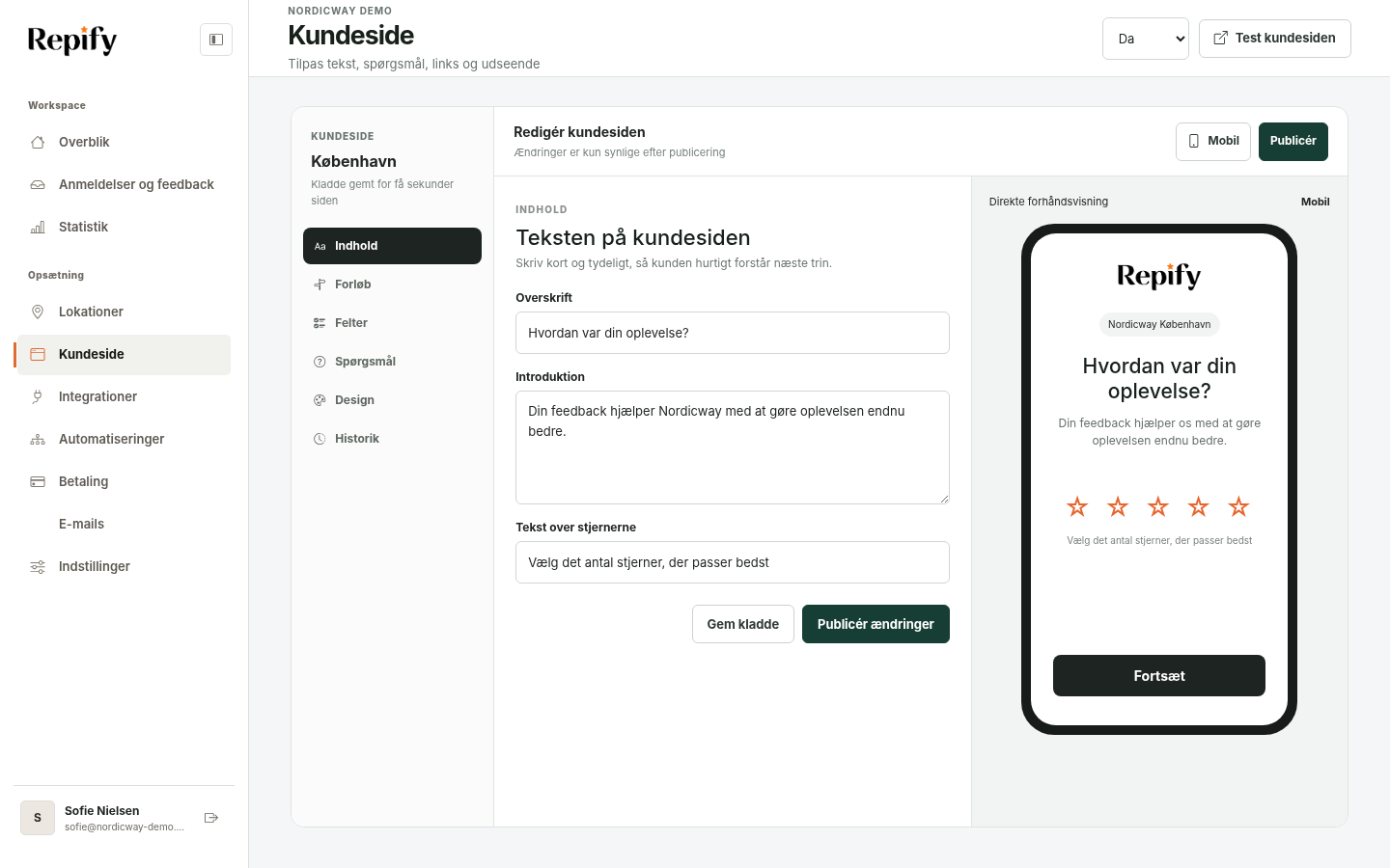 Kundeside-editoren med trinmenu, formular og forhåndsvisning