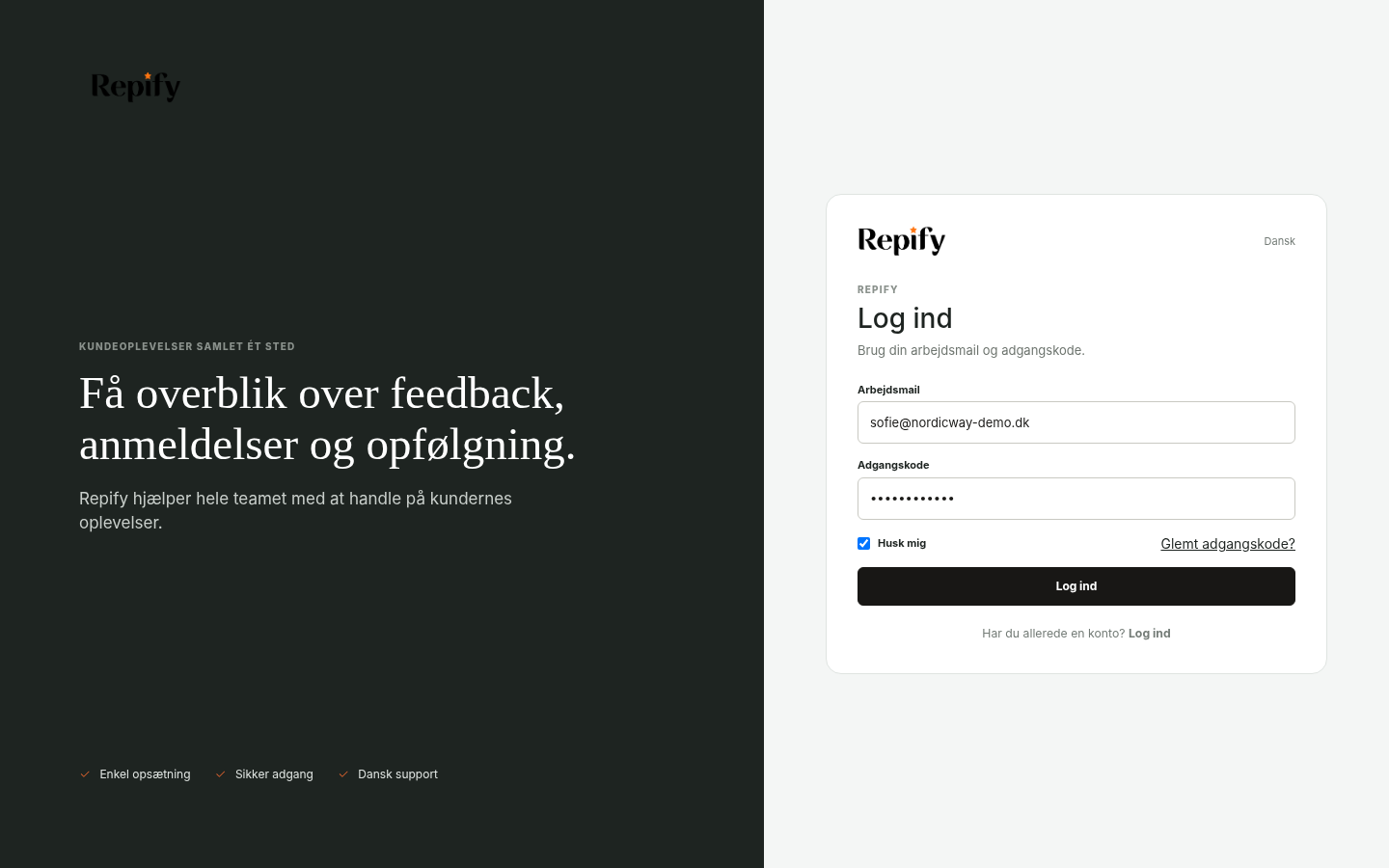 Repifys login-side med e-mail, adgangskode og link til nulstilling