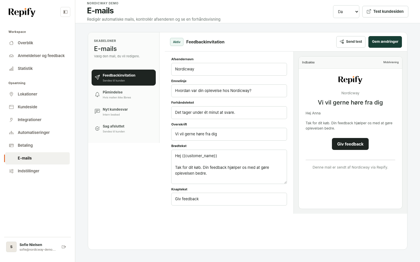 Repifys e-maileditor med skabelonbibliotek, redigering og forhåndsvisning