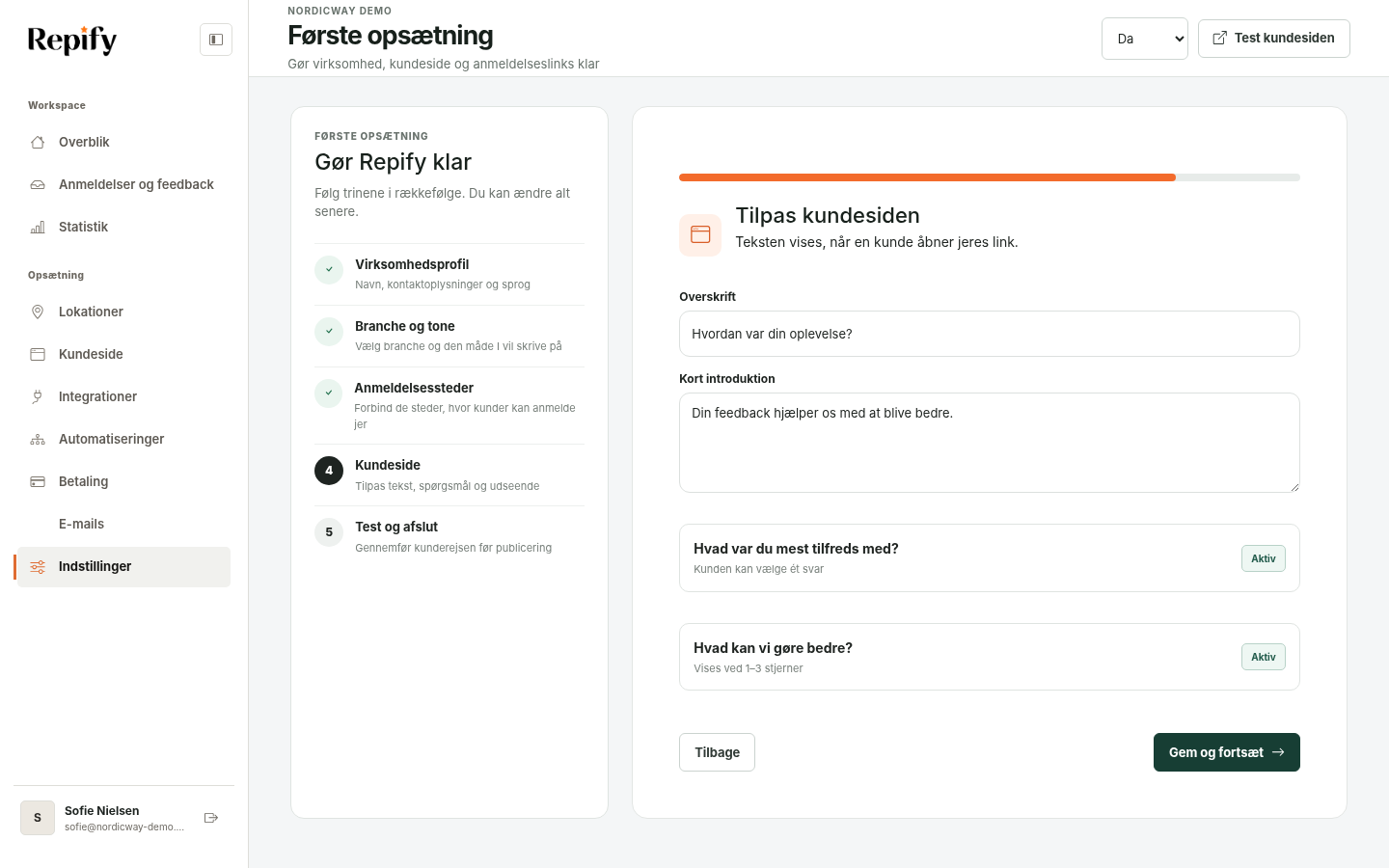 Den guidede opsætning i Repify med trinmenu og formular