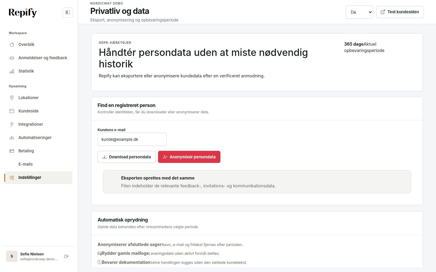 Repifys privatlivsområde, som virksomheden bruger til at finde og håndtere kundedata