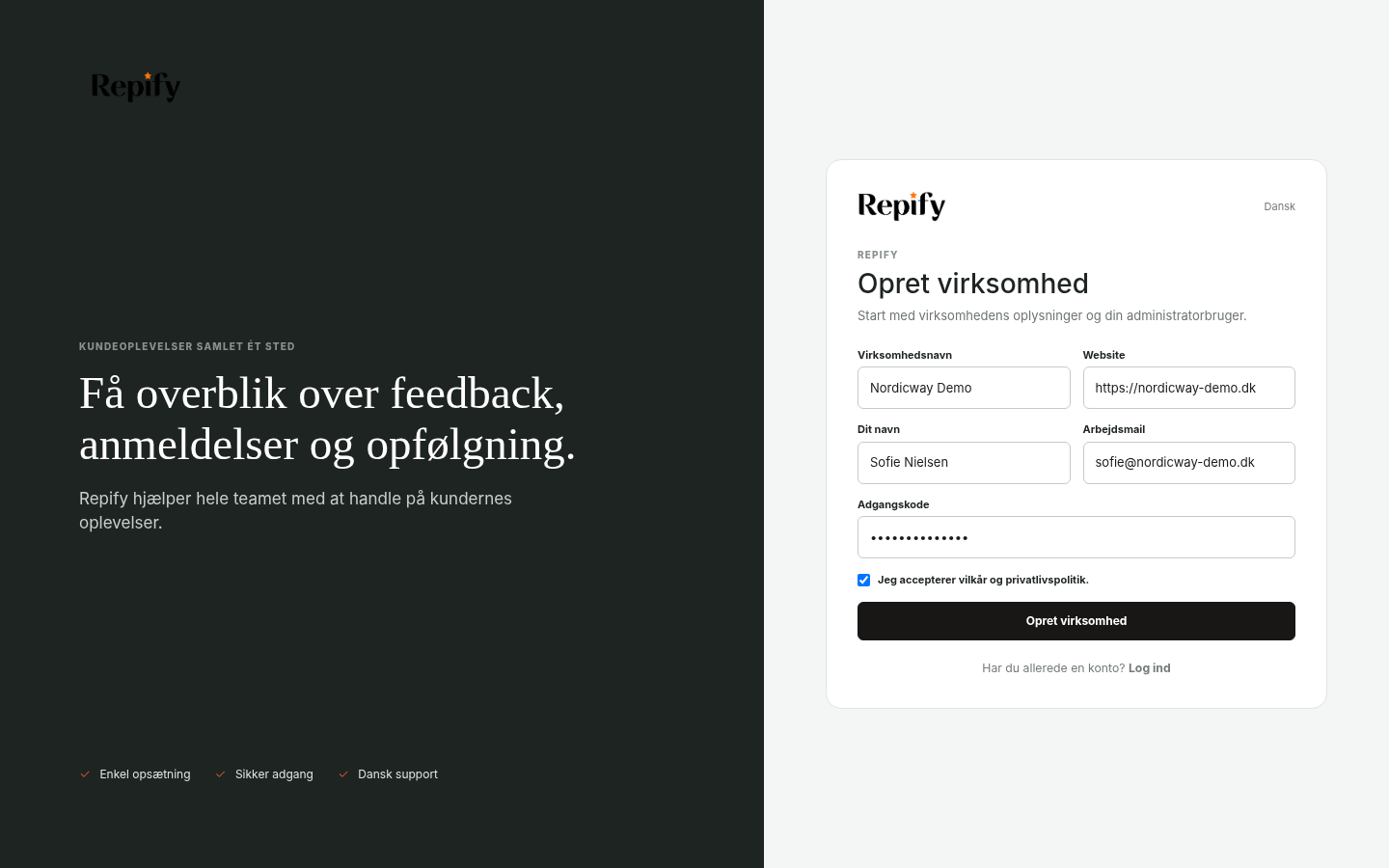 Repifys formular til oprettelse af en virksomhedskonto