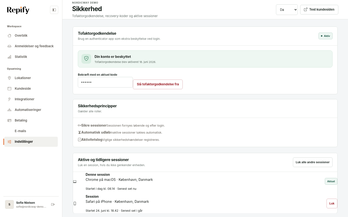 Sikkerhedssiden med totrinsbekræftelse og aktive sessioner