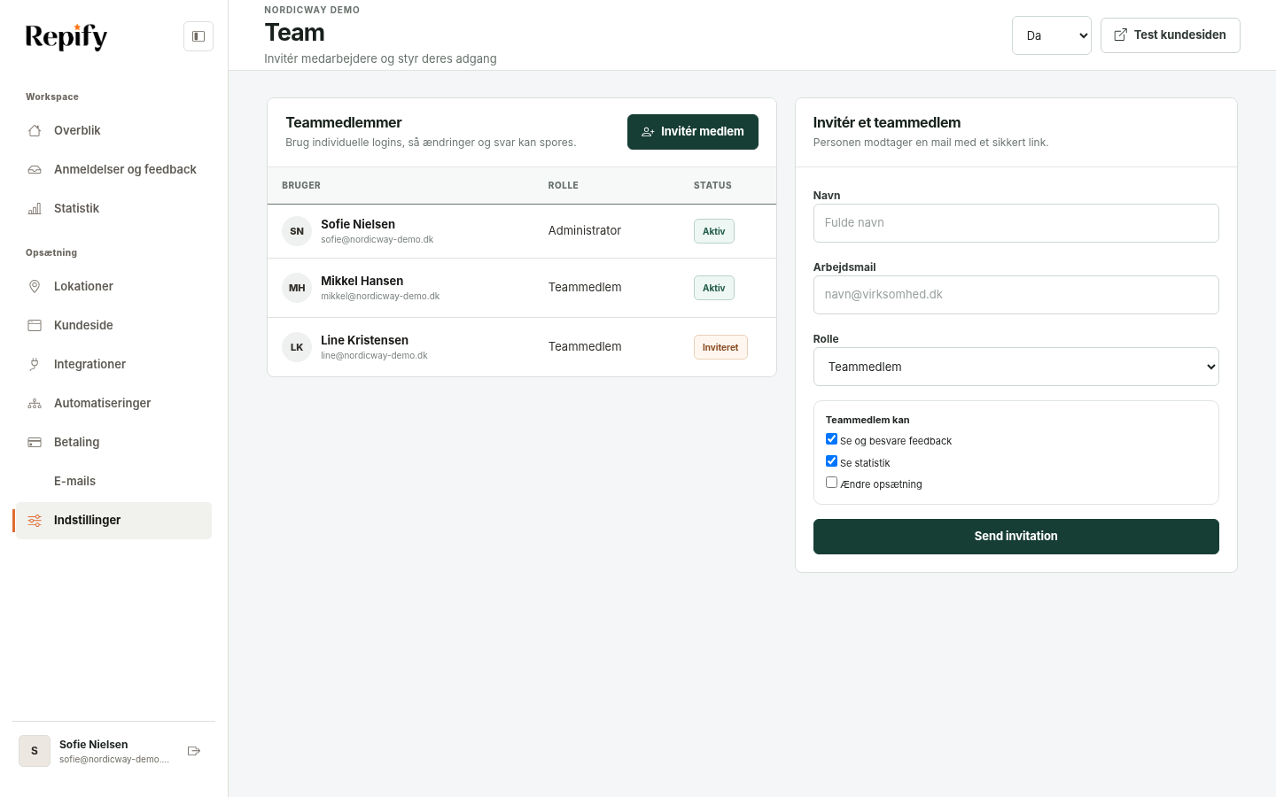 Teamområdet med invitationsformular og medarbejderliste